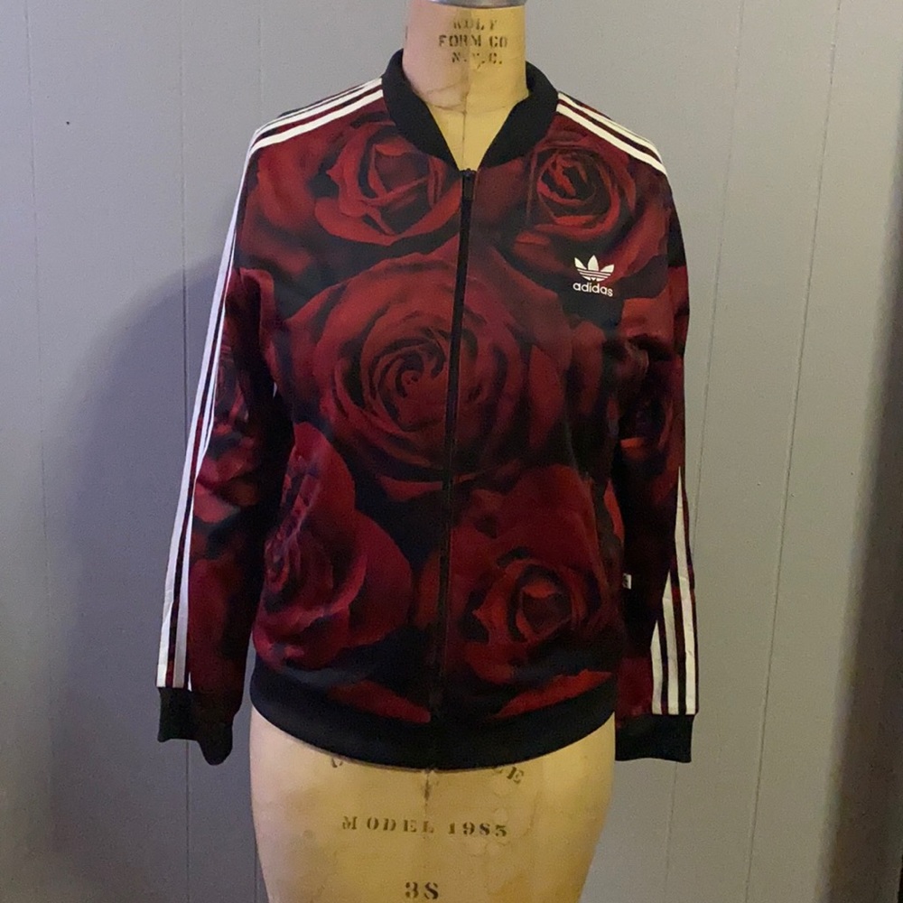 Adidas red black and white rose track jacket